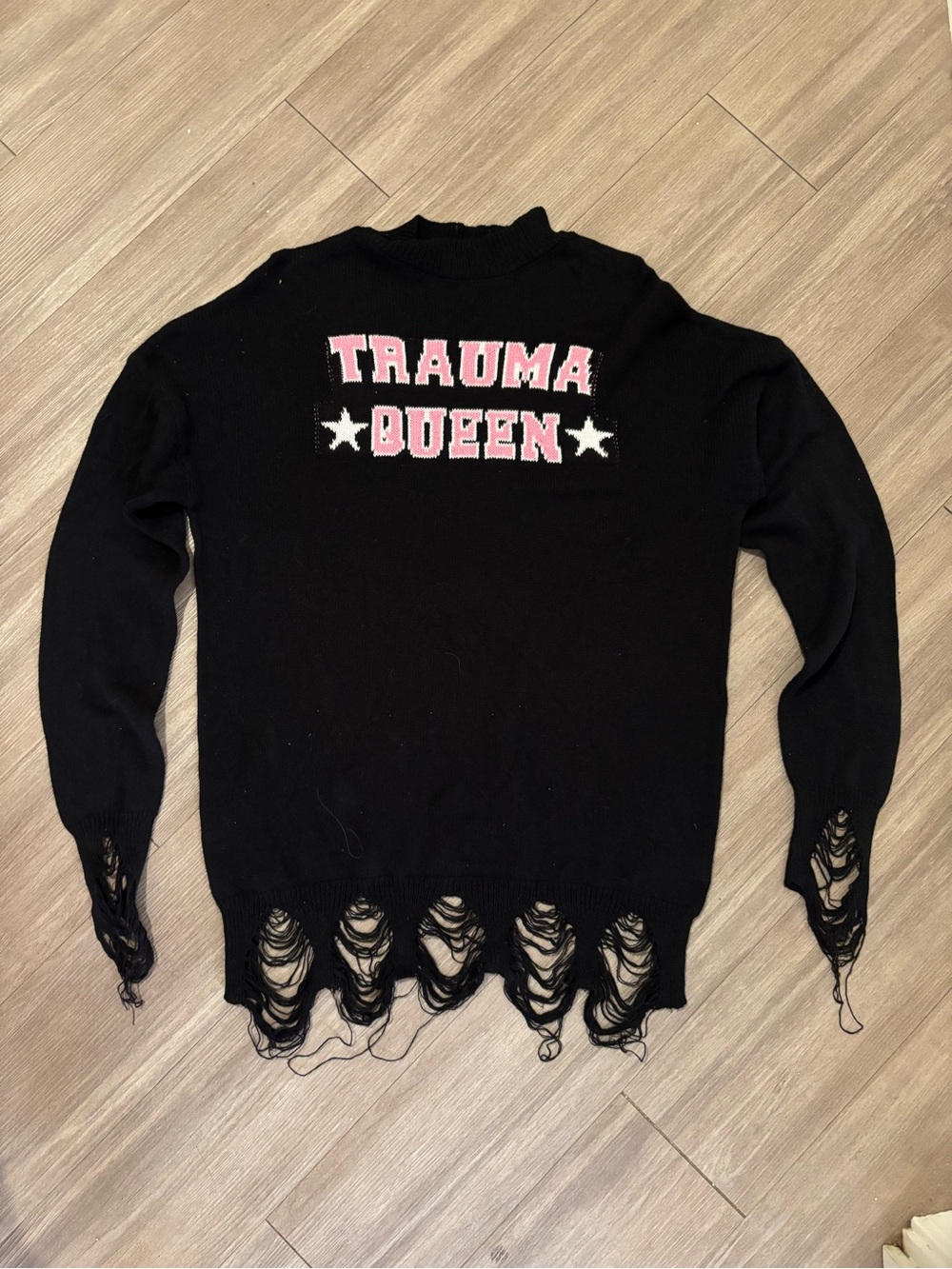 XS, DollsKill Black "TRAUMA QUEEN" Distressed Knit Oversized Sweater NWOT RARE